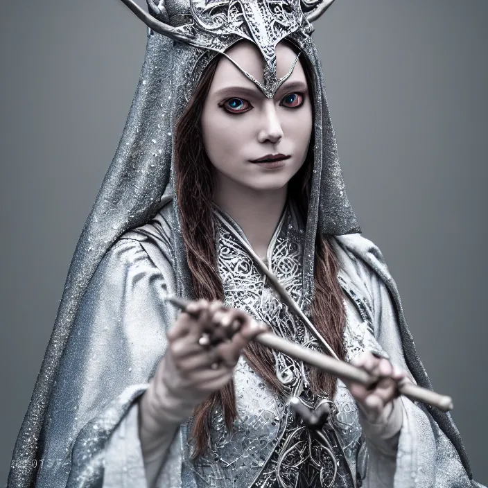 Image similar to photograph of a real-life beautiful lunar witch with intricate silver robes and staff. Extremely detailed. 8k