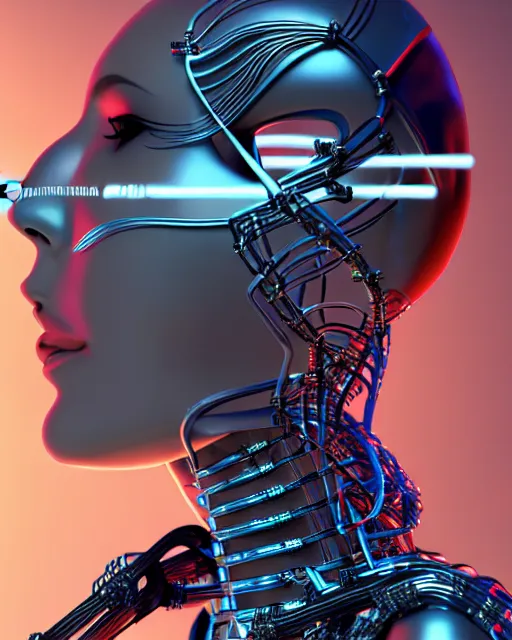 Prompt: side view of cybernetic female wearing epic bionic cyborg implants, wires, tubes, biomechanical details, super model, prismatic highlights, telephoto, depth of field, cinematic, macro, concept art, 5 0 mm, artstation, digital painting, elegant, focus, octane render, v - ray, 8 k, c 4 d, by karol bak