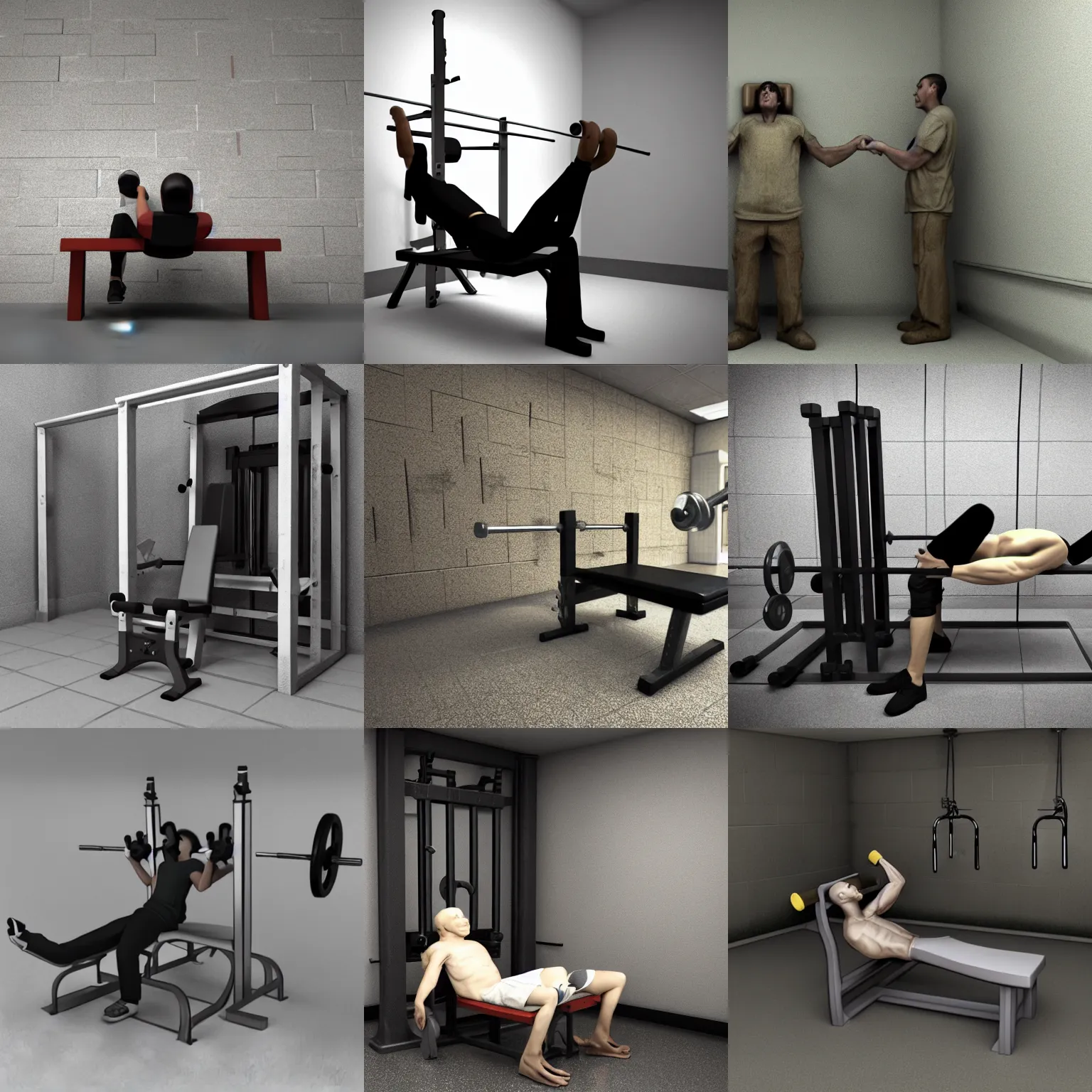 Prompt: 3d render scp096 using a bench press in prison