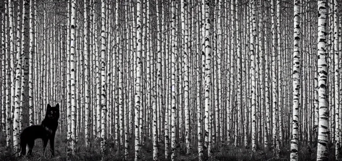 Prompt: house in the birch trees wood, black wolf guarding, monochrome analogue photo quality, blur, unfocus, cinematic, 35mm