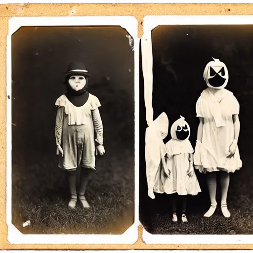 Image similar to Kids in vintage Halloween costumes, photo taken on an old box camera, black and white, film grain, 1920s, Daguerreotype, old photo, detailed, grotesque