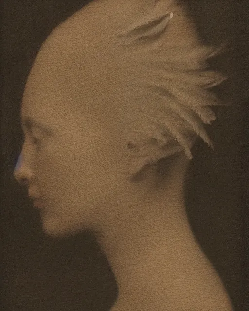Prompt: a woman's face in profile, made of bird feathers, in the style of the dutch masters and gregory crewdson, dark and moody