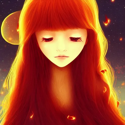 Image similar to digital illustration of a red haired girl with green eyes, wonderful dreamy scene with fireflies, intricate, hyper fine details, deviantart, artstation, studio ghibli