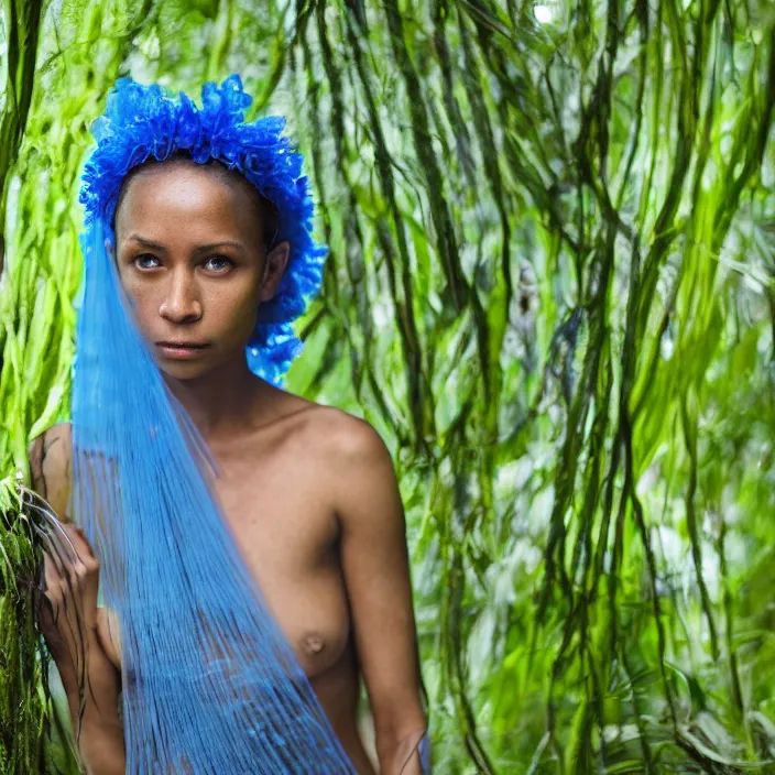 Image similar to closeup portrait of a woman wrapped in blue fiber, standing in a rainforest, color photograph, by vincent desiderio, canon eos c 3 0 0, ƒ 1. 8, 3 5 mm, 8 k, medium - format print