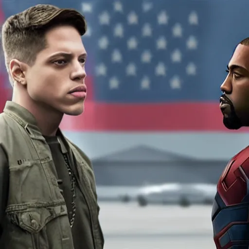 Image similar to Pete Davidson and Kanye West in Captain America: Civil War (2016), 8K concept art, detailed