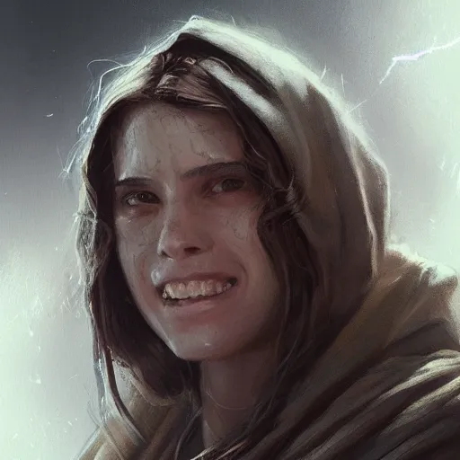 Image similar to portrait of an woman by Greg Rutkowski, she is about 20 years old, pretty, long brown wavy hair, scar near her mouth that makes her look like she's smiling all the time, wearing jedi robes, Star Wars Expanded Universe, highly detailed portrait, digital painting, artstation, concept art, smooth, sharp foccus ilustration, Artstation HQ