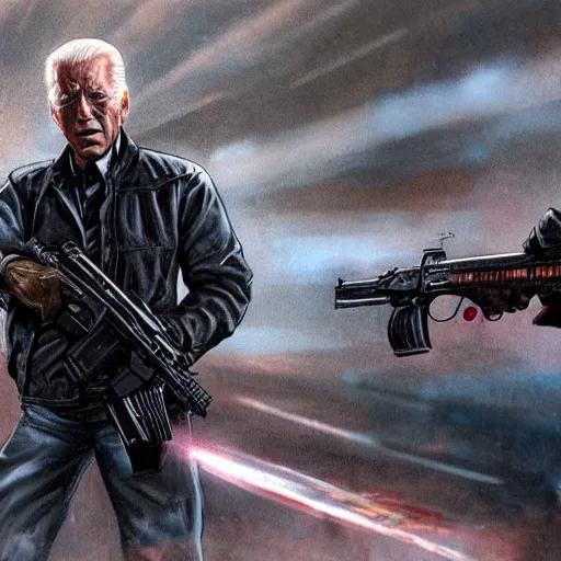 Image similar to joe biden as the terminator shooting Donald Trump with a shotgun, cinematic, establishing shot, extremly high detail, photorealistic, cinematic lighting, artstation, style by James Gurney