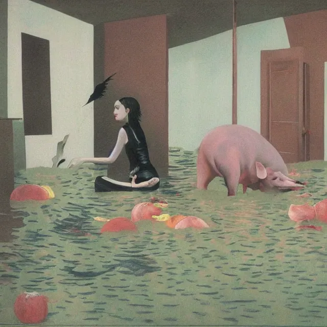 Prompt: tall female emo vegan socialist artist in their flooded apartment, painting of flood waters inside an artist's home, a river flooding indoors, pomegranates, pigs, ikebana, zen, water, octopus, river, rapids, waterfall, black swans, canoe, berries, acrylic on canvas, surrealist, by magritte and monet