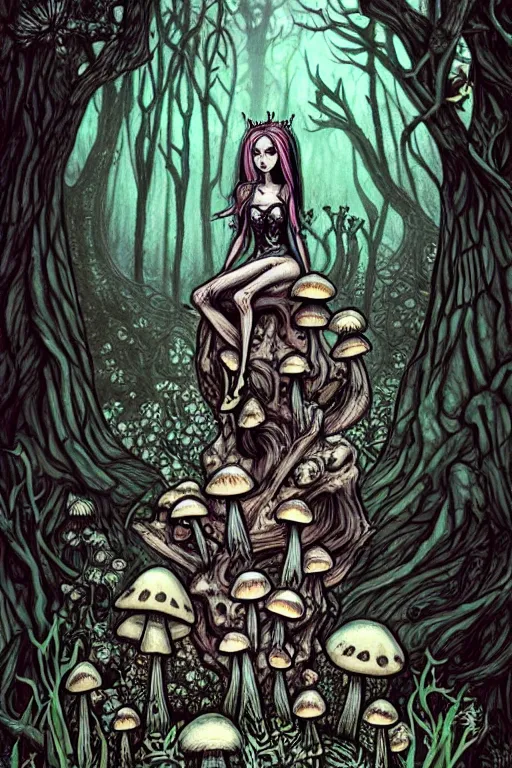 Image similar to a gothic fairy sitting on a toadstool in a forest, skulls and mushrooms, fantasy graphic novel style, by wendy pini, intricate, very fine inking lines, extremely detailed, 4k, hd