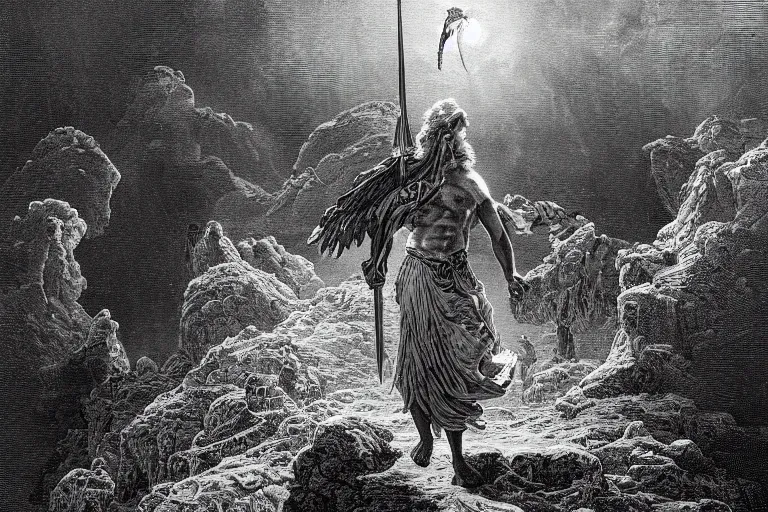 Image similar to highly detailed and cinematic romantic, edge of the universe, the great greek warrior with a spear, symmetrical face, magical, greek myth, masterpiece, from the book of the long sun by gene wolfe, highly detailed painting by gustave dore