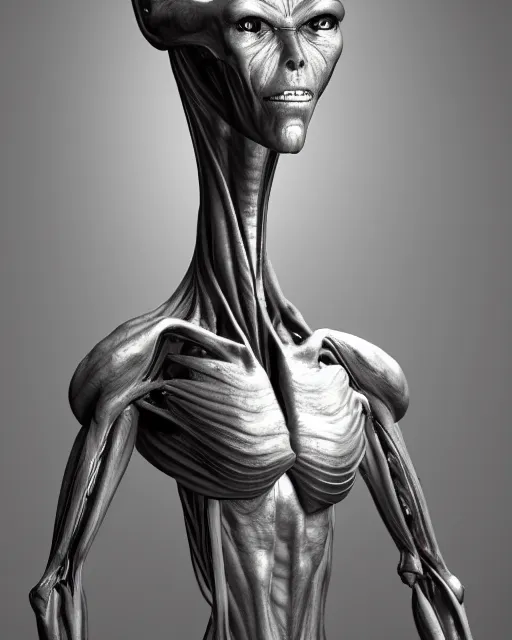 Prompt: Tall grey alien creature, dramatic lighting, very detailed, electrical details, high details, 4k, 8k, trending on artstation, by Hajime Sorayama and Paolo Eleuteri Serpieri