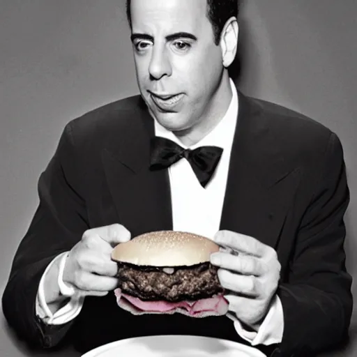 Prompt: a hamburger eating Jerry Seinfeld