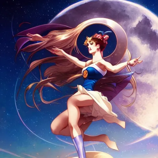 Prompt: Sailor Moon jumping across the sky with Moon and planets in background, nature unity, planets align, high detail, upscale, art by artgerm and greg rutkowski and alphonse mucha