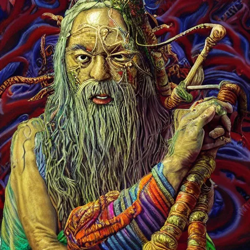 Image similar to a high hyper - detailed painting with complex textures, of an oriental shaman with tangled hair and a terrifying mask, wears a tunic vs. barefoot and has a cane, he is performing a ritual to access the world of imagination and dreams, cosmic horror spiritual visionsrio psychedelic weird bizarre art