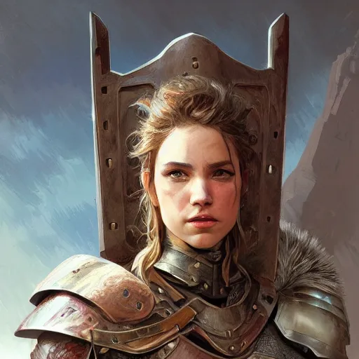 Image similar to front view portrait of a rugged female as a bruised knight with a shield and heavy armor, fantasy, intricate, headshot, highly detailed, digital painting, artstation, concept art, sharp focus, cinematic lighting, illustration, art by artgerm and greg rutkowski, alphonse mucha, cgsociety