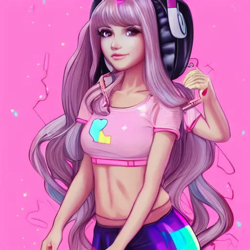 Image similar to very very very beautiful pink gamer girl wearing headphones with a unicorn horn coming out of her head standing in a pink girls room, full body portrait, eye contact, smiling, perfect face, perfect body, extreme long shot, drawn by artgerm