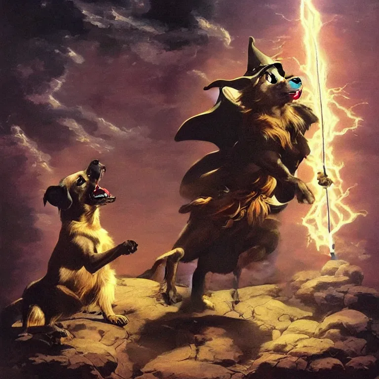 Prompt: dog wizard casting a magic spell, fantasy, majestic pose, dramatic lighting, cinematic scene, frank frazetta