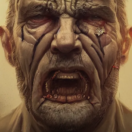 Image similar to close-up, symmetrical, portrait of an old man, bruised, scarred, marvel art, art by greg rutkowski, matte painting, trending on artstation