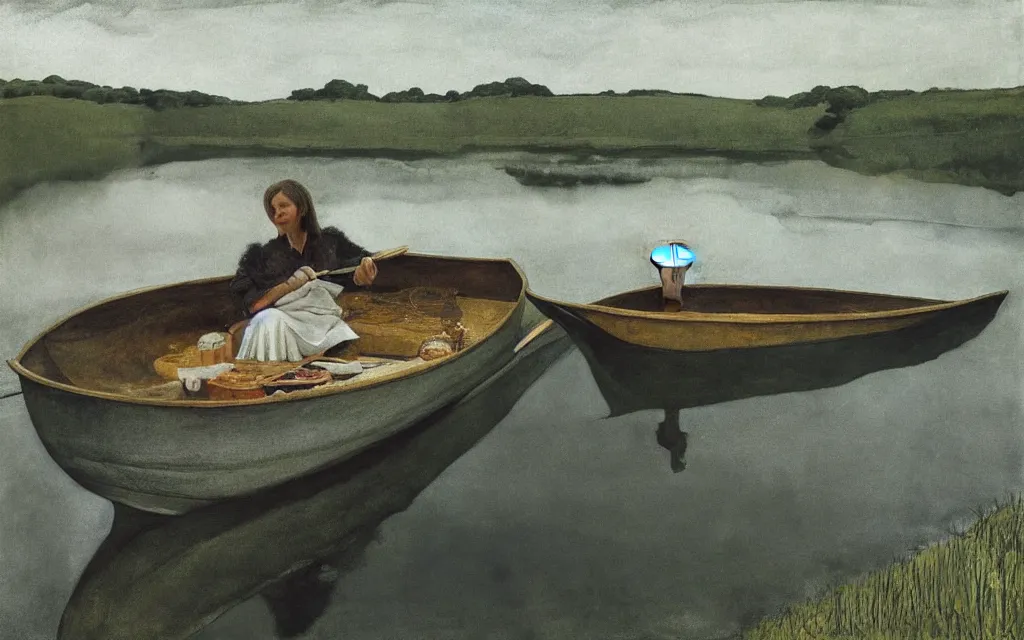 Prompt: “ a girl sitting in canoe on a river drinking beer, by andrew wyeth ”