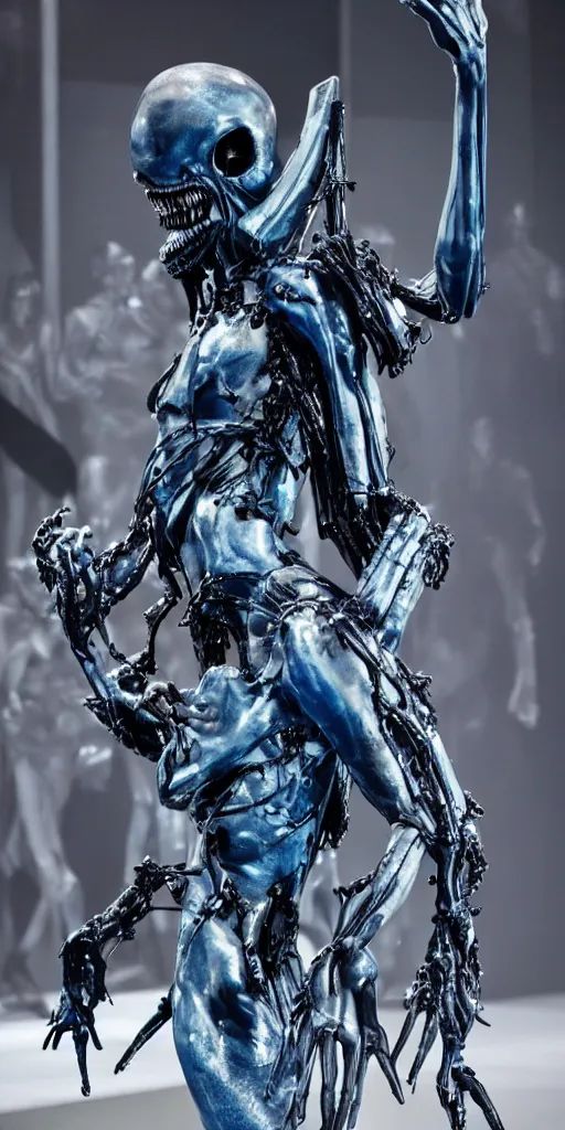 Prompt: blue human with rick owens iron spikes xenomorph intricated jewelry figure plastic jumping in a runway fashion show, realistic photography paparazzi by Nick Knight and Luis Royo