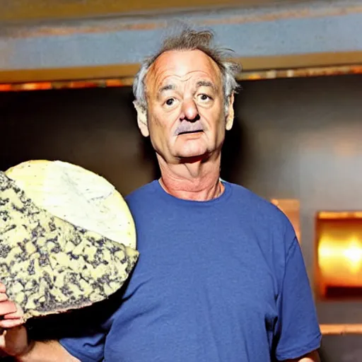 Prompt: bill murray eating a large wheel of cheese,