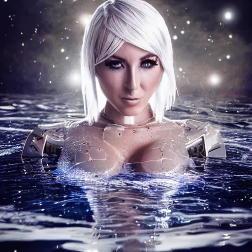 Prompt: beautiful centered Fine art photo portrait of Jessica Nigri as a solarpunk robotic humanoid treading on water, white mechanical parts with led lights, photorealistic, white background, highly detailed and intricate, sun lighting, HDR 8k