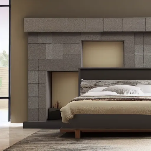 Prompt: award-winning catalog photo modern headboard in the shape of a fireplace mantel master bedroom