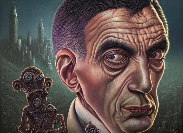 Prompt: lovecraft biopunk portrait of mr bean, fractal background, by tomasz alen kopera and peter mohrbacher