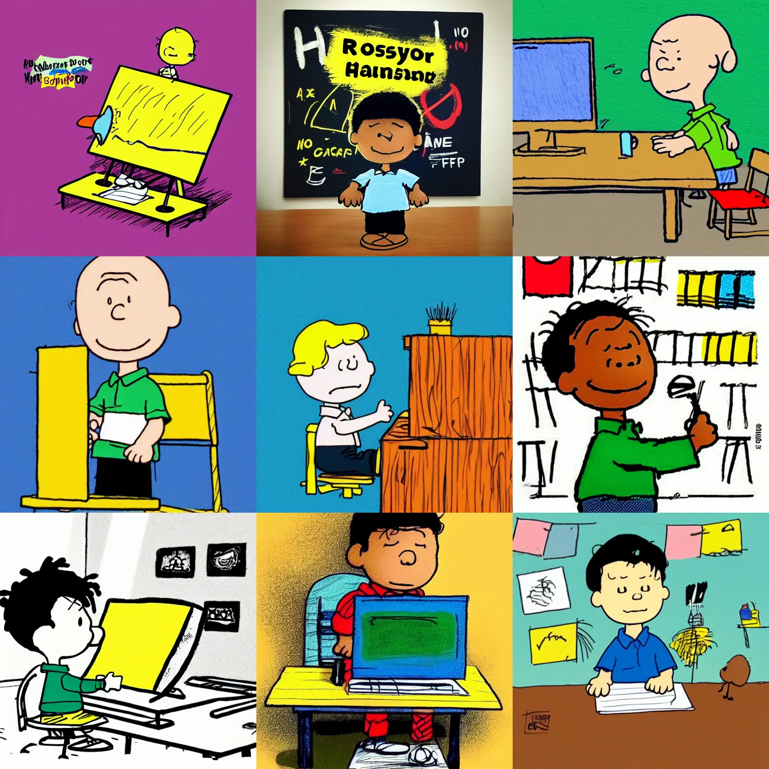 Prompt: a cute simple kid's crayon illustration of a young 👦🏿 entrepreneur working at his home computer in his office, artstation, in the style of peanuts and charlie brown, by rossdraws and artgerm and studio ghibli and basquiat, masterpiece, no type, no words, no letters, hd, award winning, solid color background