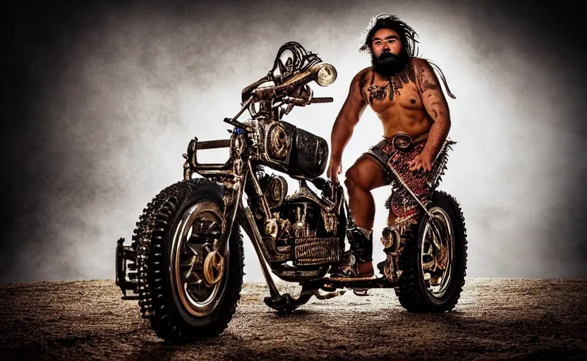 Prompt: old vintage full body photo of ancient maori warrior with full beard riding vintage punk engine with one wheel, extreme sports photography ,super high speed photography, dynamic photography,symmetrical face, clean face, muscular body, high speed,dirt and grawel in air, lens flares, dust partiles in the air, dramatic lighting, intricate, highly detailed, centered, smooth, sharp focus, sports photography, old photo, black and white, sepia, cinematic lighting, cinematic angle, national geographic