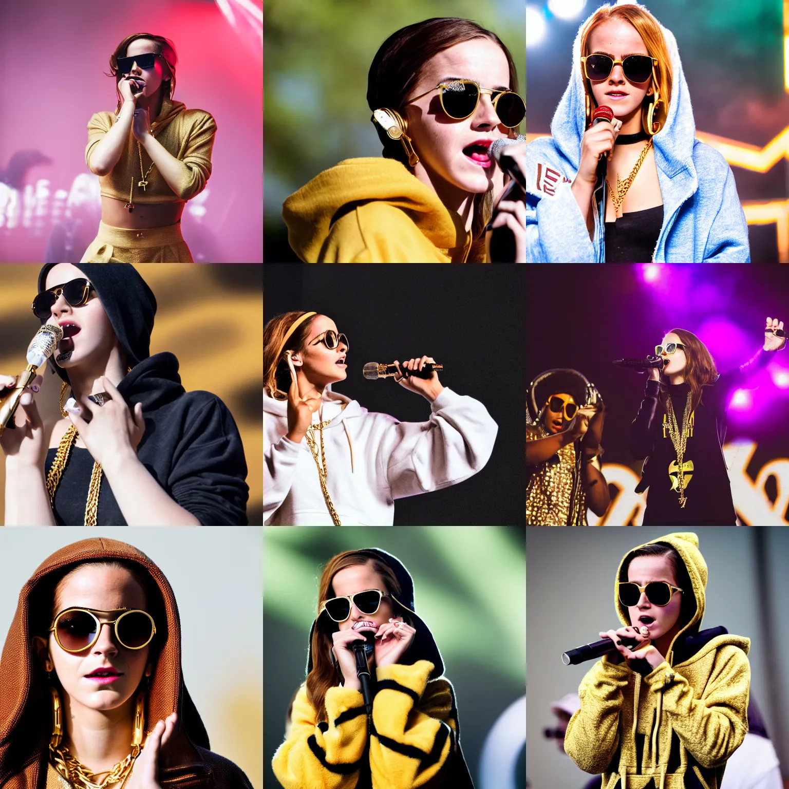 Prompt: dlsr photography f/1.4 80mm bokeh full body Emma Watson singing on rap concert stage wearing designer hoodie as doja cat as cardi b wearing gold chain and sunglasses and gold hoop earrings