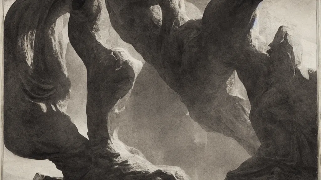 Image similar to a medieval chiaroscuro lithograph of a colossal sculpture by kurt seligmann and edward steichen, enormous creatures augment my desire coming out of a fog