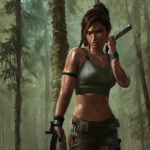 Prompt: detailed photo of lara croft being arrested in a forest, 8 k, by greg rutkowski, artgerm,