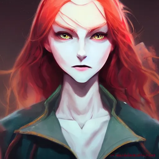 Prompt: a pale redheaded demoness with yellow eyes and horns wearing a jacket, dark spot around eye, highly detailed, digital painting, artstation, matte, by makoto shinkai, animation style