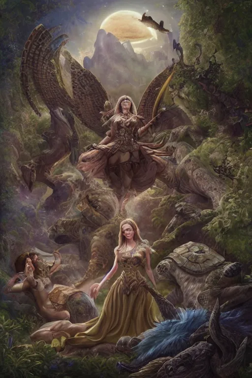 Image similar to A fantasy book style portrait painting of the Great Turtle Island at the center of the Universe, accompanied by a hybrid, Anya_Taylor-Joy, Cory Chase, Eva Green, as a Mystical Valkyrie, Anubis-Reptilian, Atlantean Warrior, François Boucher, Oil Painting, unreal 5, DAZ, hyperrealistic, octane render, Regal, Refined, Detailed Digital Art, RPG portrait, Walt Disney (1937), William-Adolphe Bouguereau, Michael Cheval, Steampunk, Volumetric Golden dappled dynamic lighting, Highly Detailed, Cinematic Lighting, Unreal Engine, HD, 8k, HD