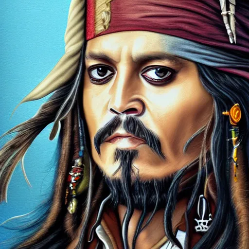 Image similar to portrait of johnny depp as captain jack sparrow, highly detailed, centered, solid color background, digital painting