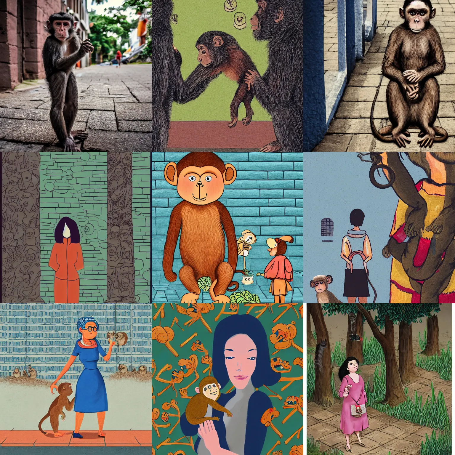 Prompt: a woman standing next to a monkey on a sidewalk, a storybook illustration by maria van oosterwijk, tumblr contest winner, magical realism, repeating pattern, depth of field, shallow depth of field