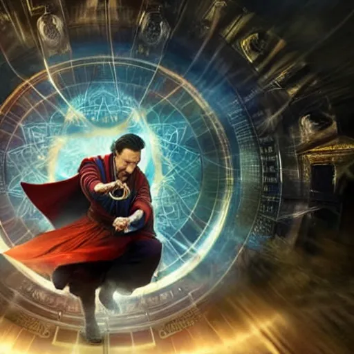 Prompt: dr. strange casting a shield spell in the metaverse with a shiba inu at his feet, hyper realistic, highly detailed, perfect face, smooth, focus, movie still, cinematic