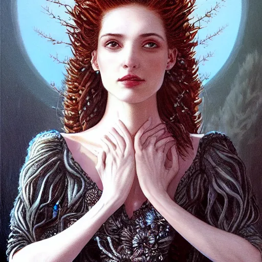 Image similar to facial portrait of a young pretty woman in flowing dress, arrogant, mysterious, long fine flowing hair, delicate, looking at camera, slightly awkward smile, realistic face, hands behind back, intricate, stylish, elegant, grimdark fantasy, flowers, extremely detailed painting inspired by Gerald Brom and Ernst Haeckel and Greg Rutkowski