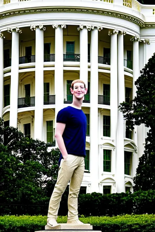 Image similar to A beautiful gold statue of Mark Zuckerberg in front of the White House, photo by Steve McCurry, heroic pose, detailed, smooth, smiling, professional photographer