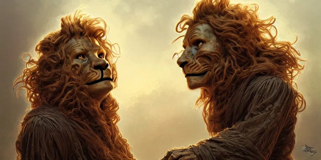 Prompt: cowardly lion, humanoid, horror, highly detailed, character portrait, digital painting, artstation, concept art, matte, sharp focus, illustration, art by artgerm and greg rutkowski and michael whelan and gustave dore and alphonse mucha