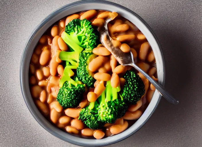 Image similar to food photo still of soft serve swirled frozen yogurt topped with baked beans and broccoli, 8 5 mm f 1. 8 studio lighting