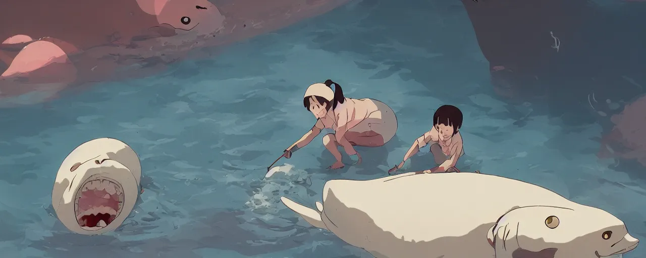 Image similar to piranhas devouring a baby harp seal, blood in the water, atey ghailan, goro fujita, studio ghibli, rim light, dark lighting, clear focus, very coherent