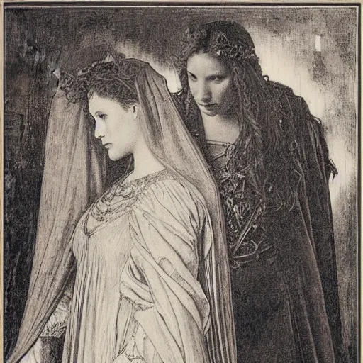 Image similar to engraving portrait of natalie portman and scarlet johansson, by albrecht durer, jean delville, alphonse mucha, jan van eyck, da vinci