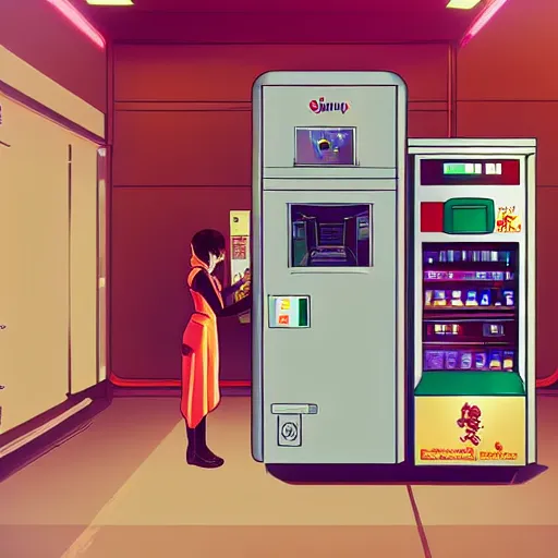 Prompt: “Shinji from Eva buying berries from a berry vending machine on a futuristic space ship, anime, artstation”