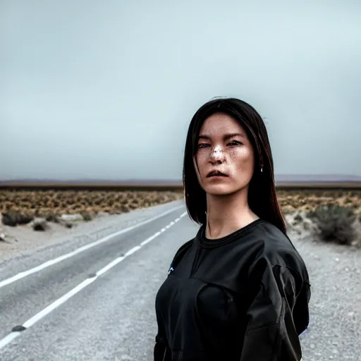 Image similar to photographic portrait of a techwear woman, closeup, on a desert road with a futuristic city in the horizon, sigma 85mm f/1.4, 4k, depth of field, high resolution, 4k, 8k, hd, full color