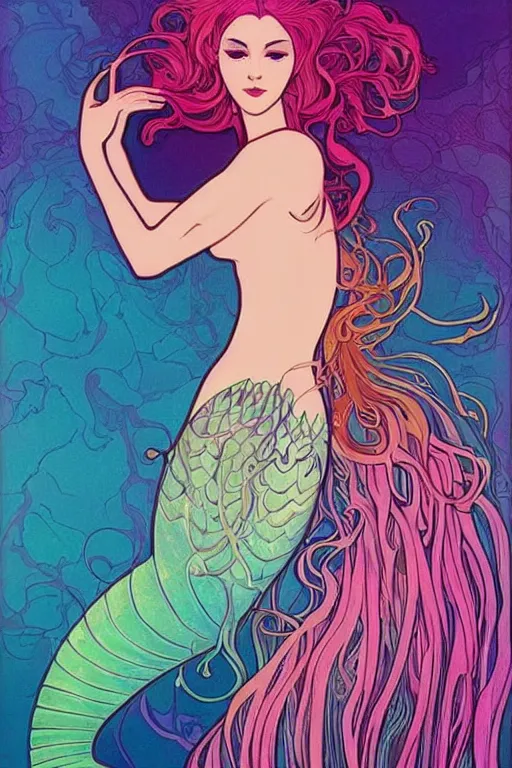 Image similar to a beautiful psychedelic mermaid with a beautiful fin, symmetrical features, cinematic lighting, soft bokeh, fantasy, modern, colourful, highly detailed, digital painting, artstation, deviantart, concept art, sharp focus, illustration, by alphonse mucha and eyvind earle