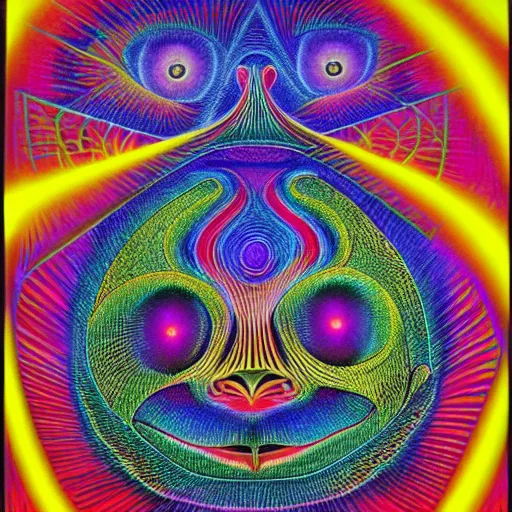 Prompt: Alex Grey Cat, Godself, Net of Being, geometric, psychedelic, acid