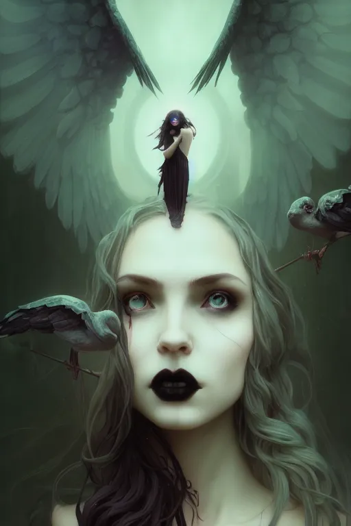 Image similar to beautiful very extreme closeup portrait, gothic girl, goth, vampire, birds, weeping angels, angel of grief, stone statues, beautiful woman body, unreal engine, greg rutkowski, loish, rhads, beeple, tom bagshaw, alphonse mucha, global illumination, detailed and intricate environment
