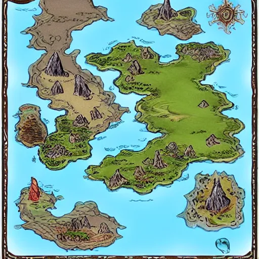 Prompt: dnd world map, oceans and islands